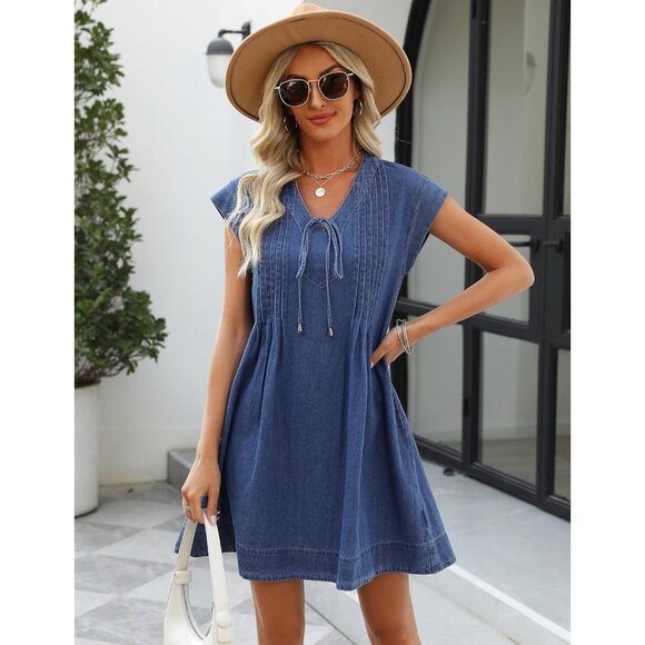Denim Dress Women V-Neck Short Sleeves Pockets Casual Summer Fit - Picture 5 of 6